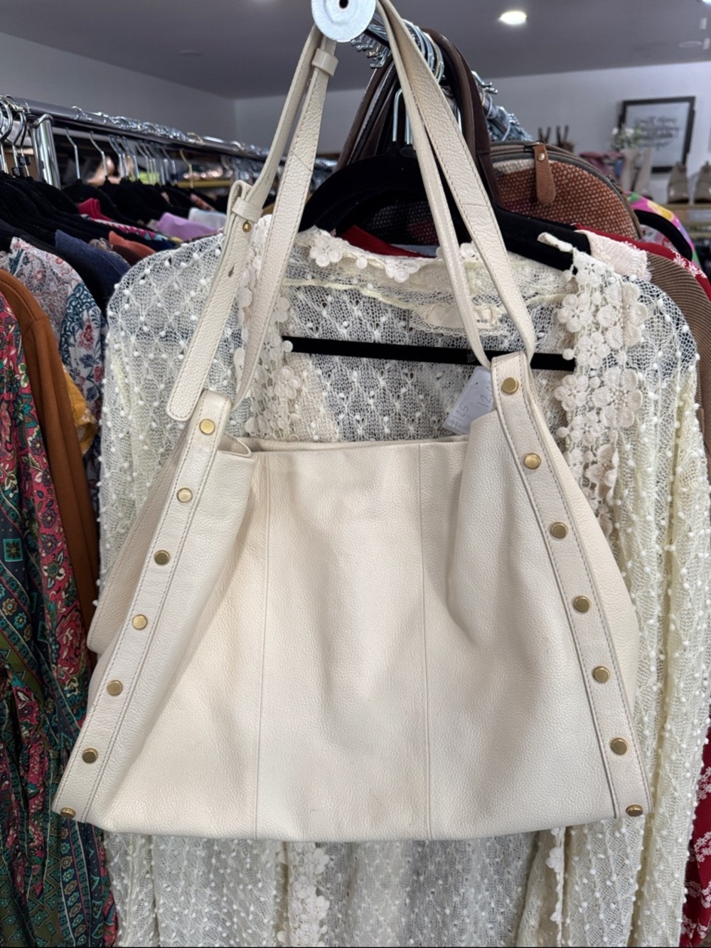 Vince Camuto Cream Pebbled Leather Shoulder Bag with Gold Studs